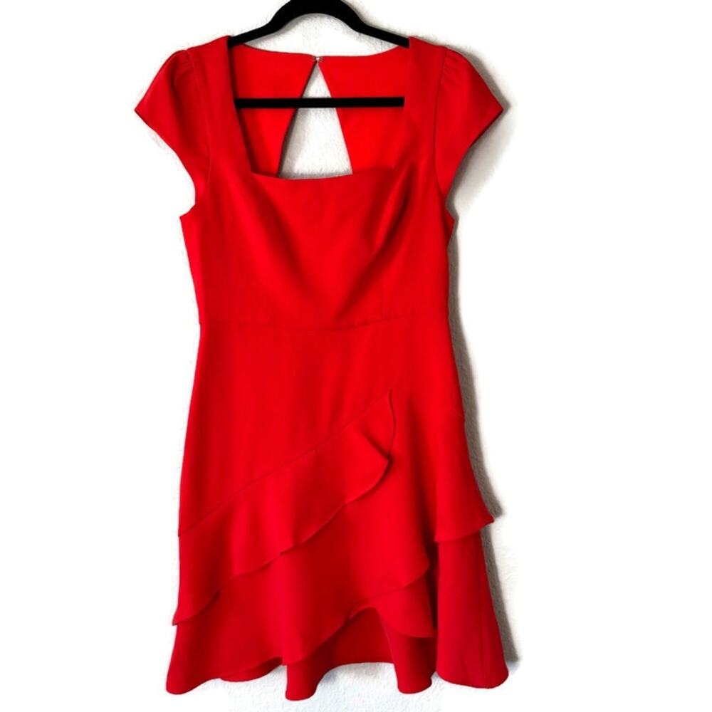 BCBGMaxazria Red Asymmetrical Ruffled Square Neck Dress Size 6
